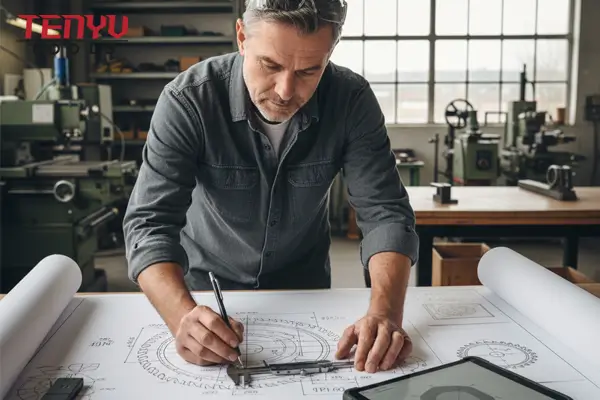 Engineer reviewing technical drawings for a custom saw blade design