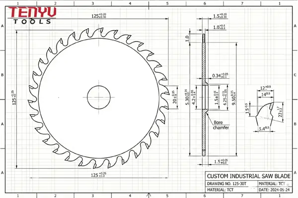 Engineer reviewing technical drawings for a custom saw blade design