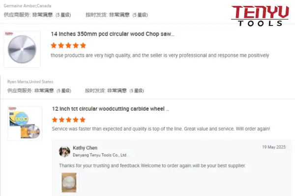 Customer writing 5-star review for Tenyu Tools saw blade on laptop