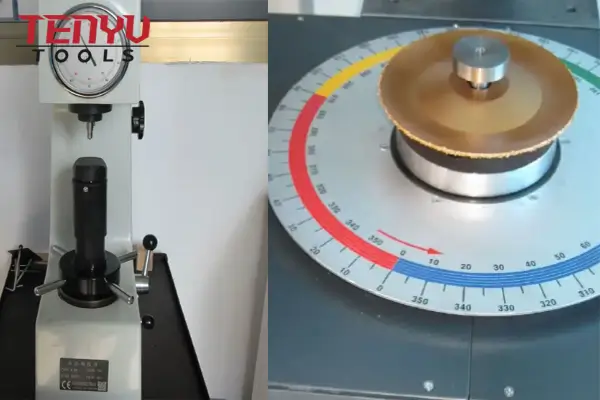 Technician performing a high-speed rotation test on a cutting disc