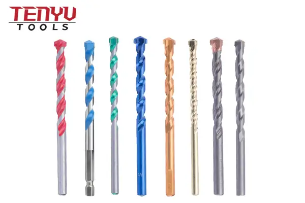 Assortment of different masonry drill bit types and sizes