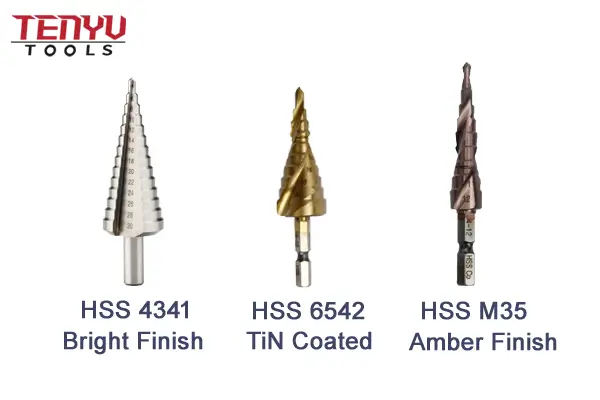 Assortment of HSS step drills in different sizes and coatings
