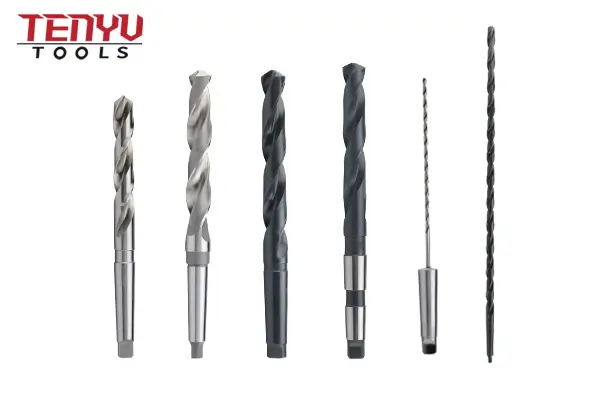 Assortment of Morse Taper drill bits in various sizes and shank types