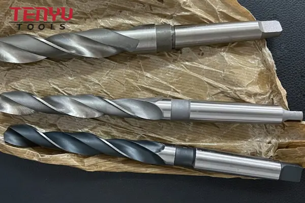 Close-up of precision-ground Morse Taper shank and cutting edges