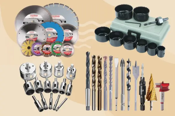 Assortment of professional saw blades and drill bits on display