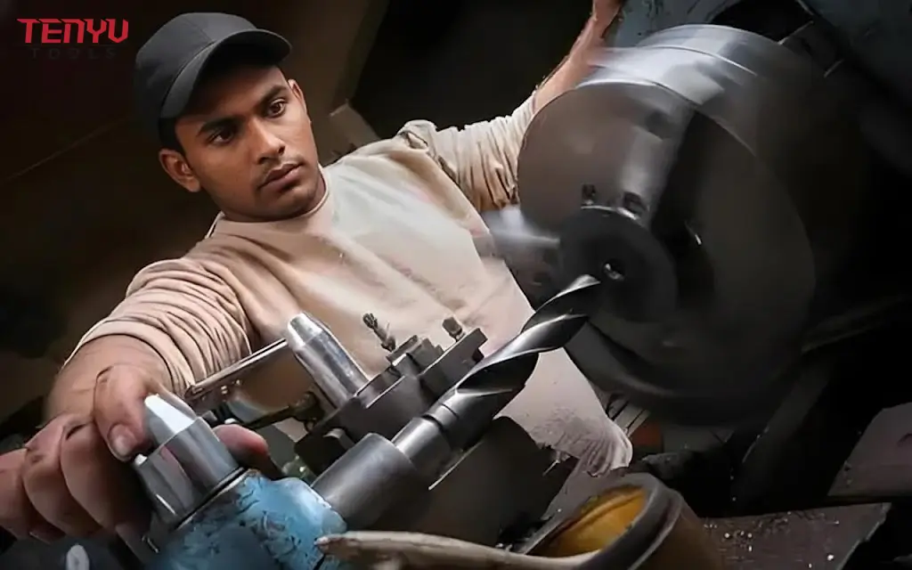 Quality control technician inspecting drill bit hardness and run-out