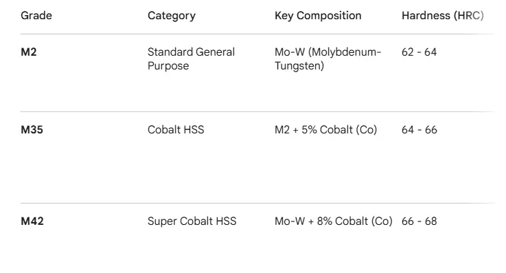 Comparison chart of different HSS material grades and applications