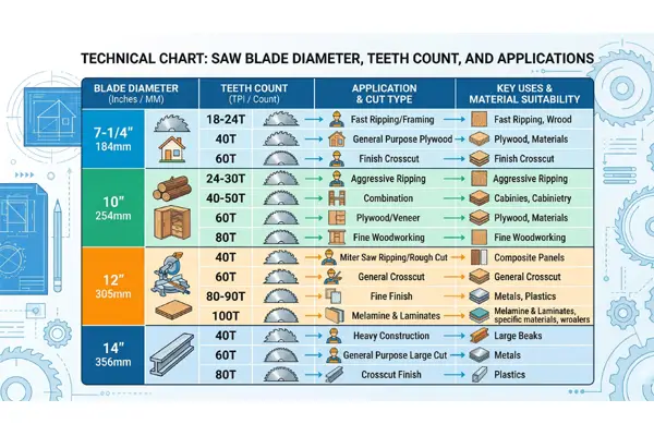 Technical chart showing blade diameter, teeth count, and applications