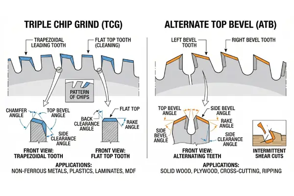 Close-up diagram of TCG tooth geometry vs. standard ATB