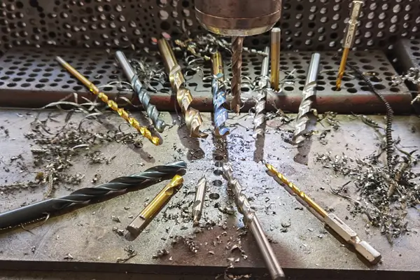 Assortment of HSS drill bits in various sizes and coatings