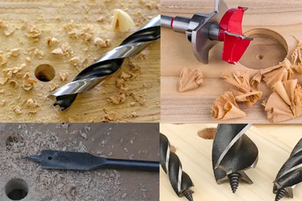 Assortment of wood drill bits including spade, auger, and Forstner types