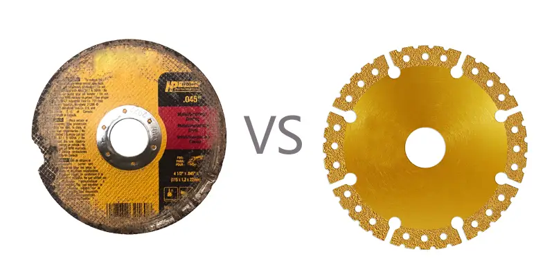 Shattered abrasive cut-off wheel next to a pristine vacuum brazed diamond blade