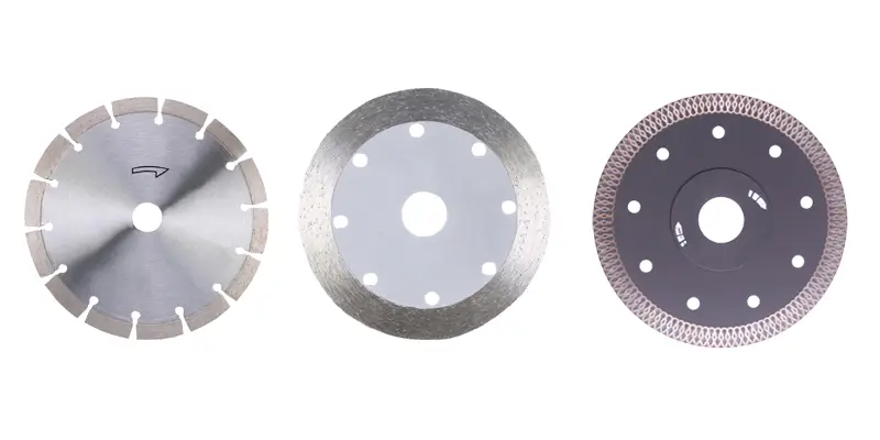 Infographic comparing Continuous Rim, Segmented Rim, and Turbo Rim diamond blades