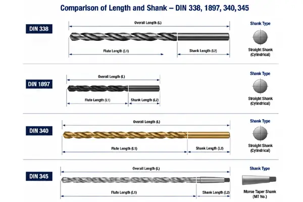Technical diagram showing the length and shank differences between DIN 338, 1897, 340, and 345