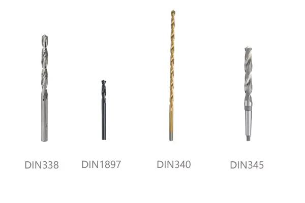 Assortment of DIN standard drill bits: stub, jobber, long, and morse taper