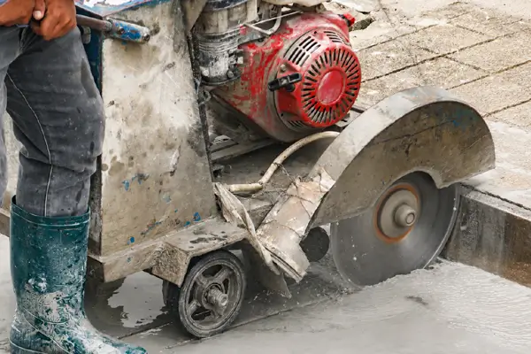 Wet cutting concrete with a diamond blade and water cooling